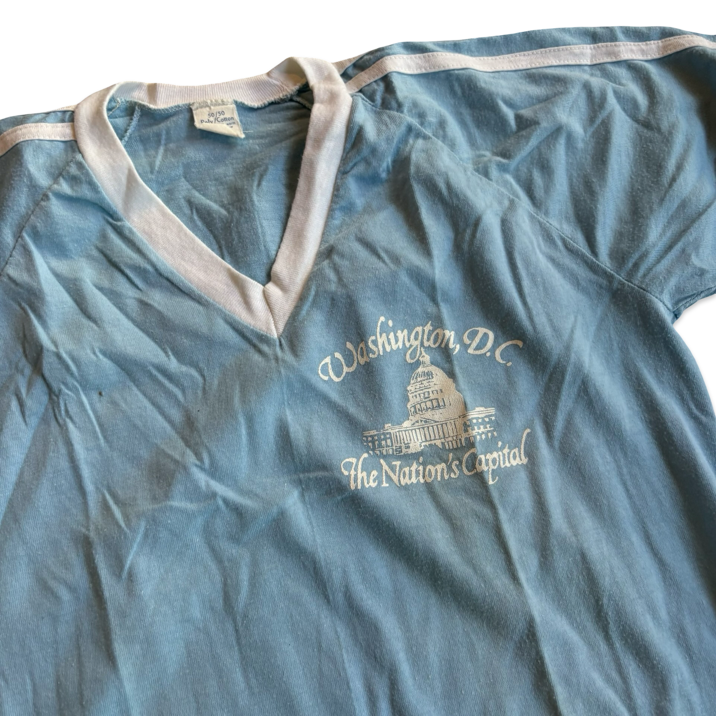 1980s Washington D.C. The Nation’s Capital Graphic V Neck Striped Tshirt
